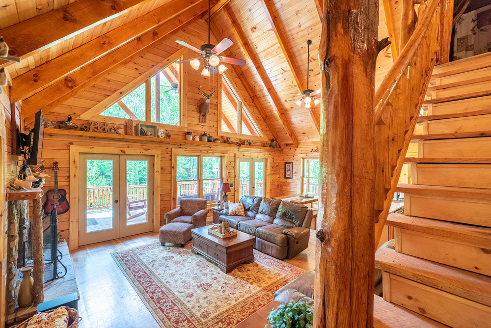 Great Room Built with 8x8 "D" Logs - Ceiling Built with White Pine Heavy Timbers and White Pine Tongue and Groove Decking